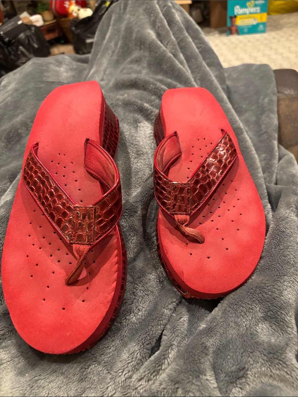 Volatile Red Platform Thong Sandals with Faux-Croc Straps